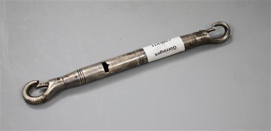 An unusual late Victorian silver combination whistle and propelling pencil?, with clip terminals, Mappin Brothers, Sheffield, 1900,
